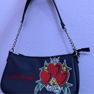 Ed Hardy Black Shoulder Bag with Red and Green Heart Design